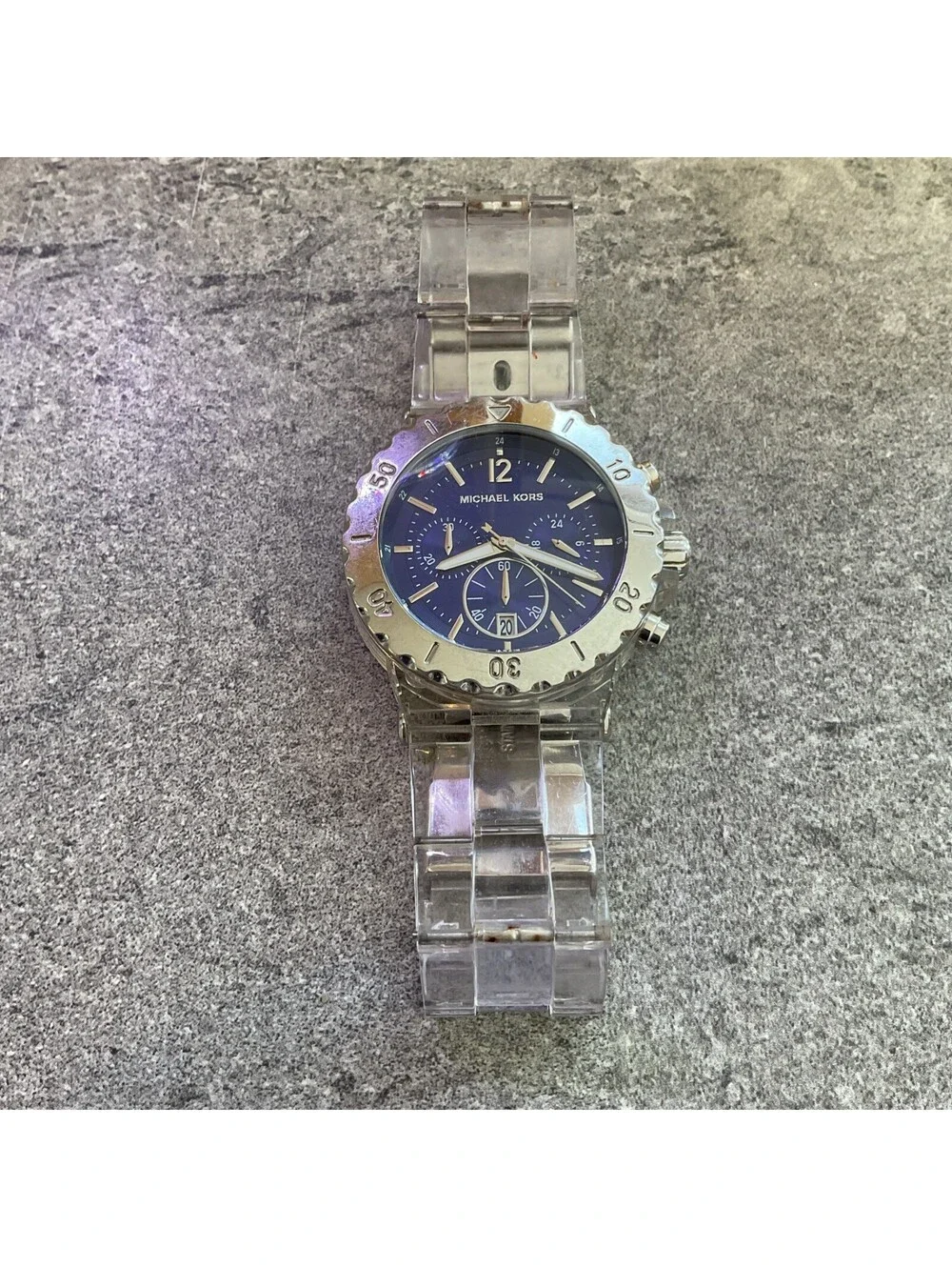 Michael Kors Womens Chronograph Watch 43mm Clear Resin Case/Band Blue Dial A2